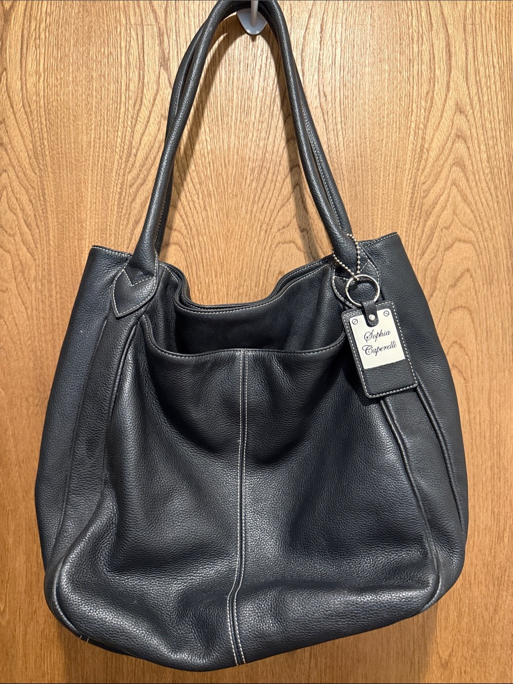 Sophia Caperelli Black Pebbled Leather Shoulder Hobo w/Silver Toned Logo Charm